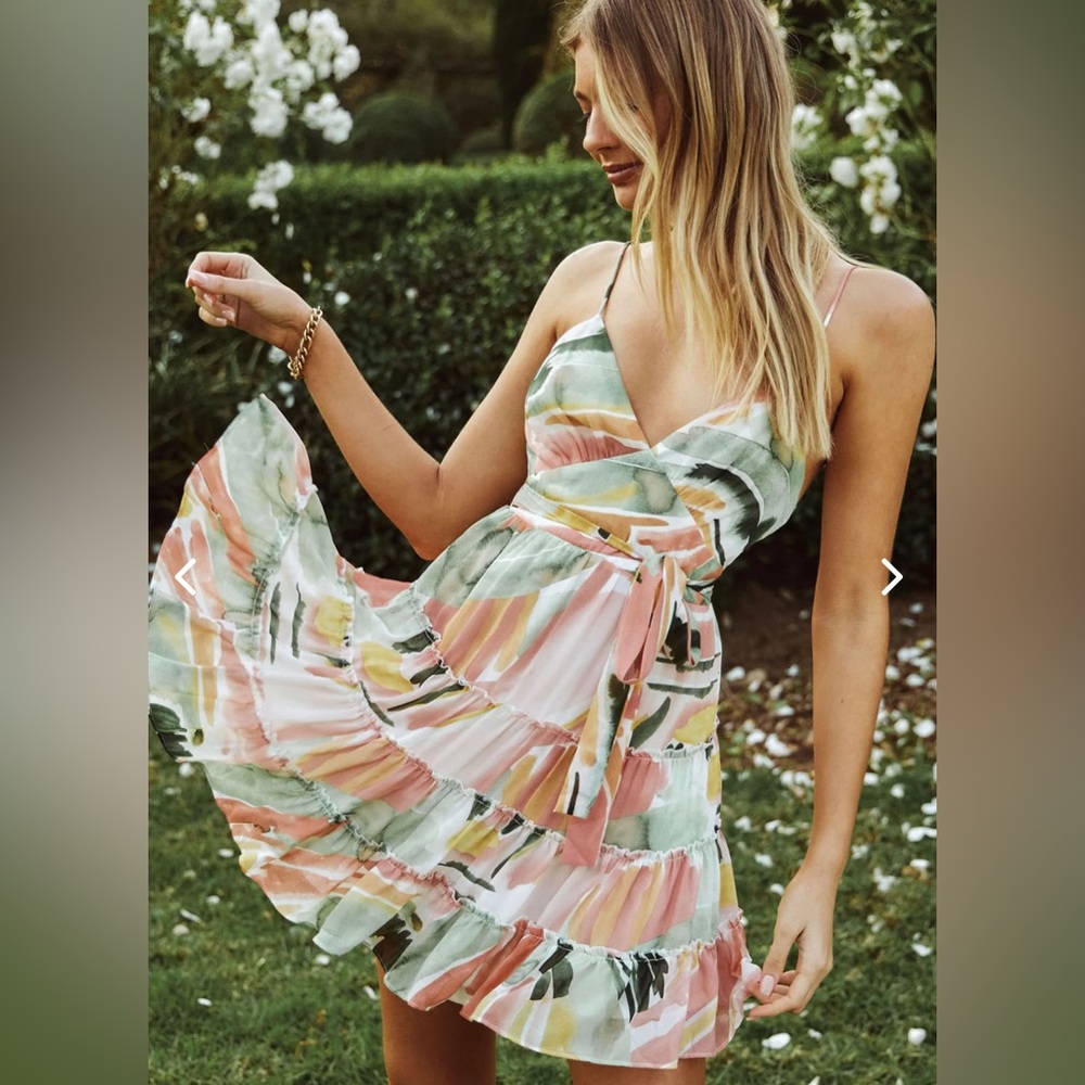 Saints + Secrets CAMI STRAP WAIST TIE RUFFLE DRESS WATERCOLOR PRINT MULTI LARGE‎